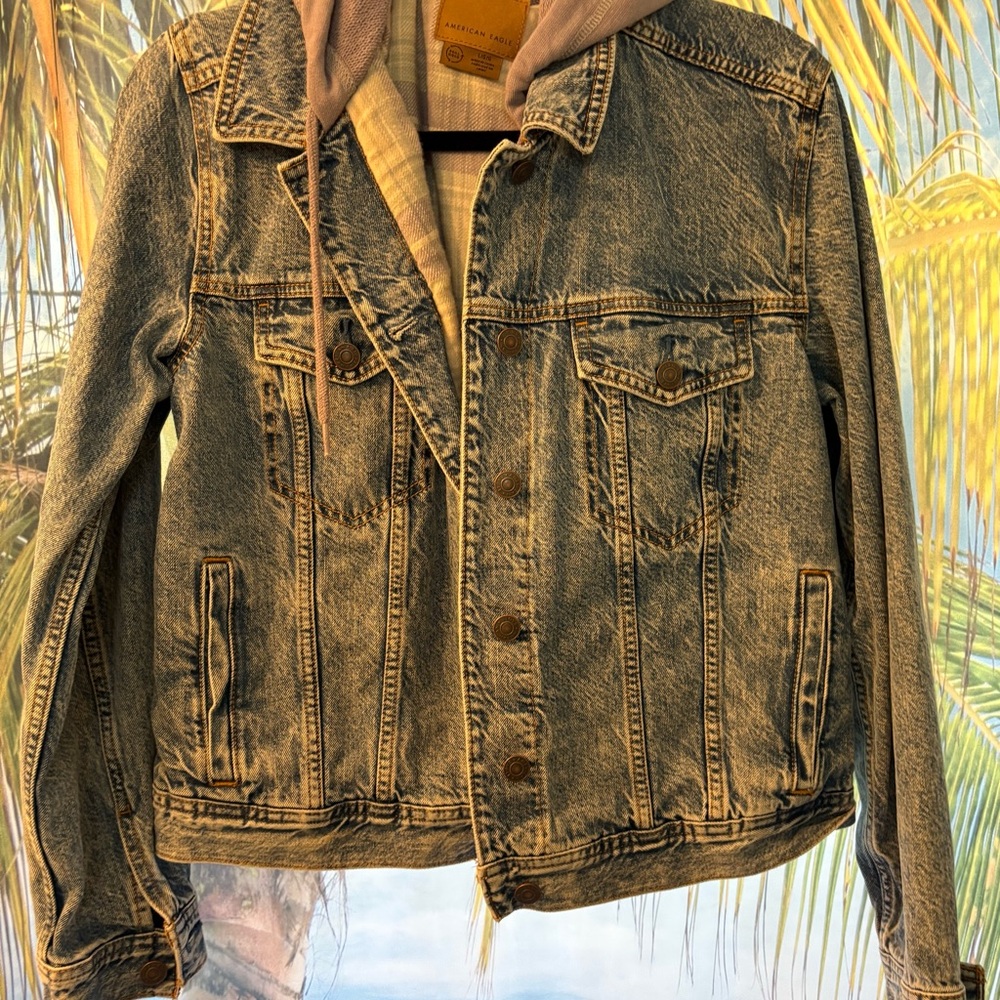 American Eagle Outfitters Blue Denim Jacket with Hood